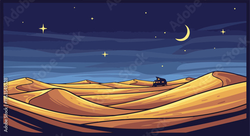 Pixel art desert landscape at night with a crescent moon and stars