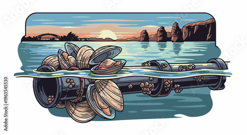 Mussels clinging to submerged pipes in calm waters at sunset