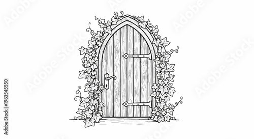 Ornate arched wooden door, adorned with lush ivy, invites mystery