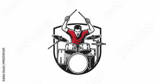 Musician passionately playing a drum set within a crest