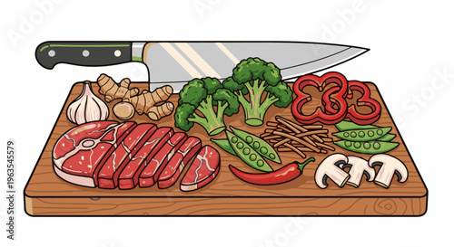 Overhead view of a wooden cutting board with sliced steak, vegetables, ginger, and garlic