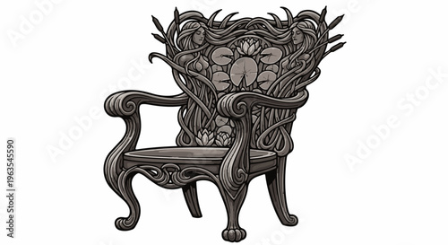 Ornate throne-like chair with flowing natural elements and faces