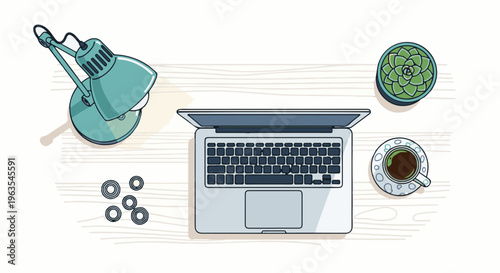 Overhead view of a wooden desk with a laptop, lamp, succulent, and coffee cup