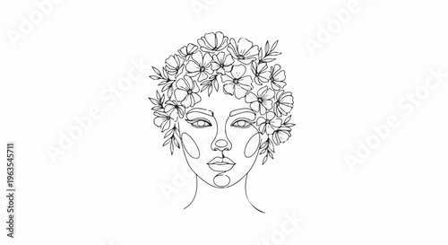 Minimalist outline of a face adorned with an intricate floral crown and delicate leaves