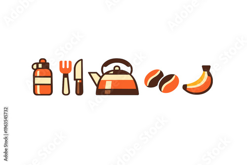 Coffee preparation tools and snacks are displayed on a simple background during a kitchen setup