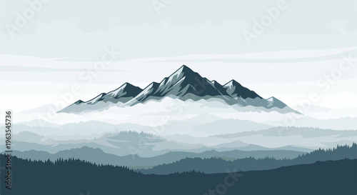 Minimalist mountain range shrouded in fog and mist under a clear sky