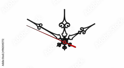 Ornate black clock hands with a single red hand pointing