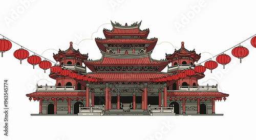 Ornate traditional red temple with tiered roofs and hanging lanterns