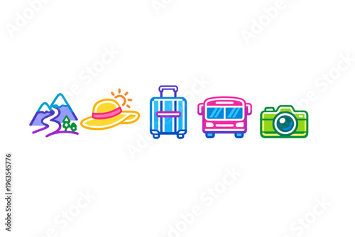 Planning a trip with mountains, sun, suitcase, bus, and camera for travel memories