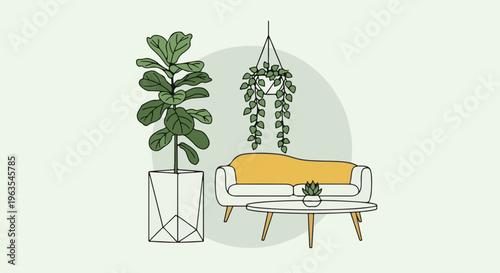Minimalist living room with plants, sofa, and coffee table