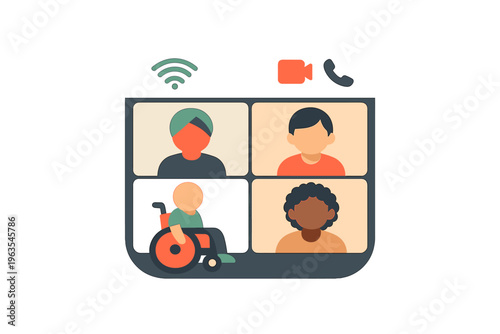 Virtual meeting with diverse participants using video call on a digital platform in a modern setting