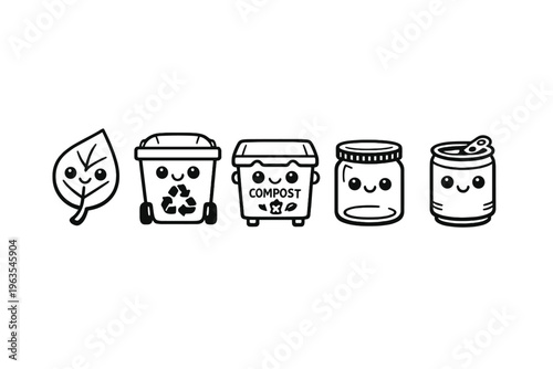 Cute cartoon characters represent different types of waste disposal items arranged in a line for a fun educational purpose