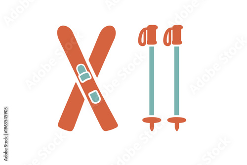 Winter sports equipment on display with skis and poles arranged in an organized manner in a rental shop setting