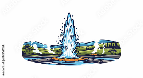 Natural geothermal geyser erupting water into the sky with a scenic backdrop