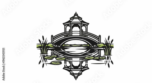 Ornate bridge and gazebo over a tranquil pond with lilies and reeds