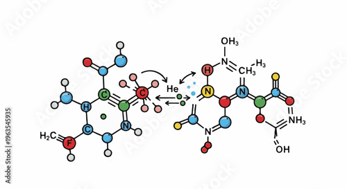 Molecular structures with arrows indicating interaction, featuring helium