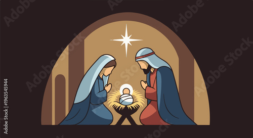 Nativity scene with a star above a cradle holding a baby, parents kneeling