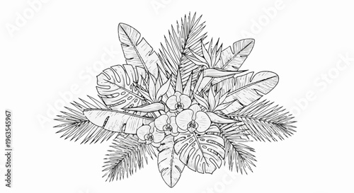 Ornate tropical floral arrangement featuring orchids and assorted foliage