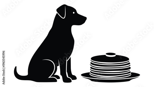 A dog sitting next to a stack of plates