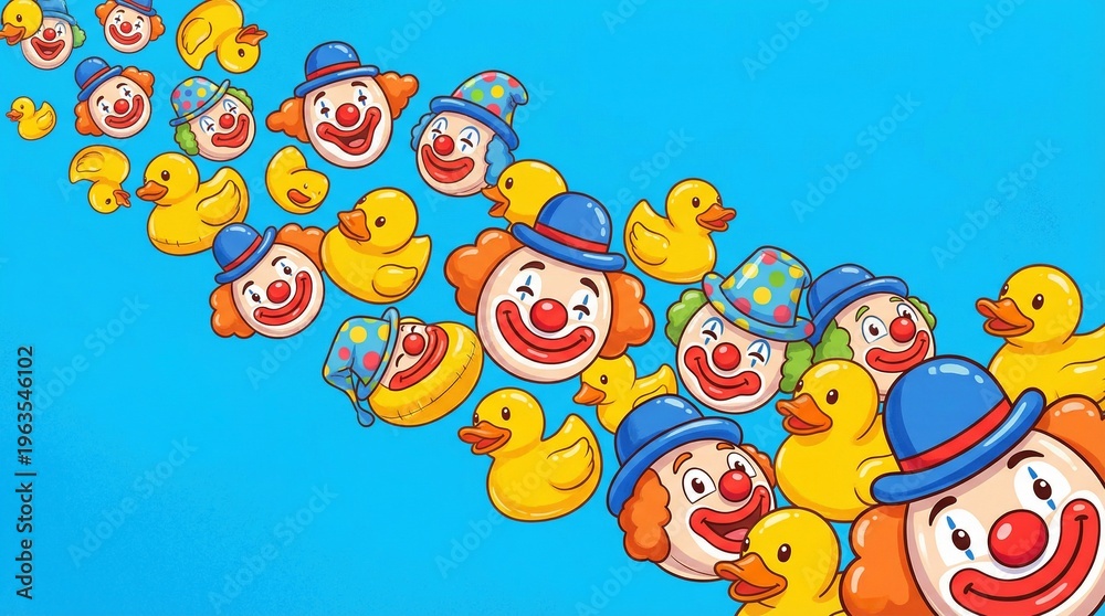 Fototapeta premium Concept April Fools Day, World Laughter Day. Playful absurd toys. Chaotic collection of colorful rubber ducks and clown figures floating in a blue sky, for humor and prank