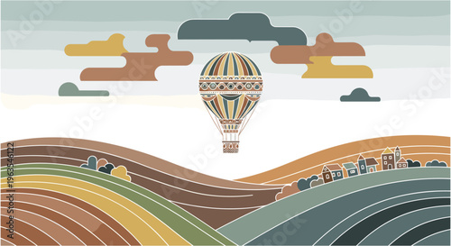 Colorful hot air balloon flying over rolling hills with abstract clouds in vibrant whimsical illustration for travel brochure