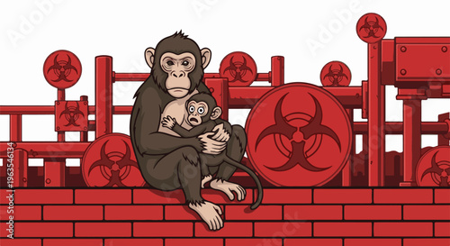 Parent and child monkeys huddle amidst industrial red biohazard symbols