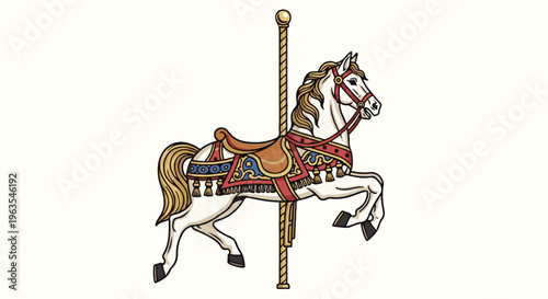 Ornate carousel horse with saddle, pole, and decorative tassels