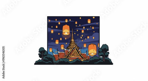 Night sky filled with floating lanterns above a temple
