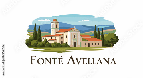 Picturesque Italian villa with cypress trees and rolling hills under a blue sky