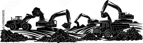 Heavy Construction Machinery Working on a Site, Excavating and Moving Material