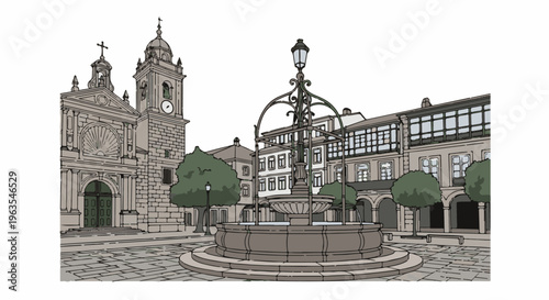 Ornate fountain and church in a European town square with trees