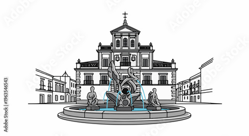 Ornate fountain in a plaza with surrounding buildings and sculptures