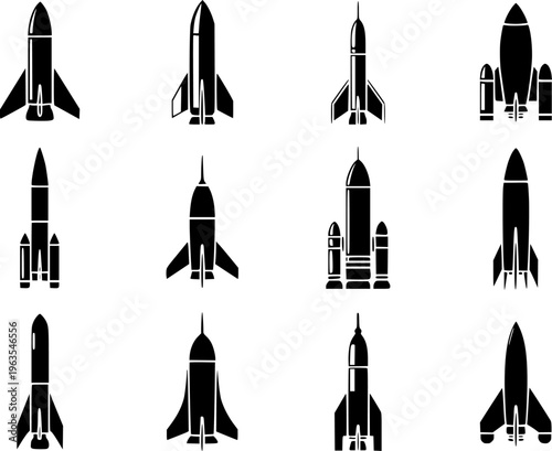 Collection of Black Rocket Ship a White Background spaceship space