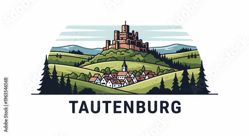 Picturesque village and ancient castle atop rolling green hills under sky