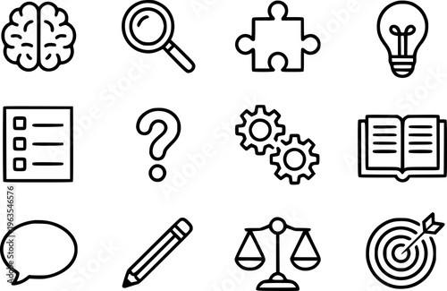 Collection of black outline representing ideas learning problem solving and strategy white background