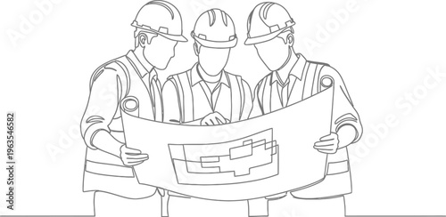 Continuous line art of three construction workers reviewing architectural blueprints together