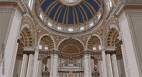Ornate classical dome interior with intricate carvings and arched windows