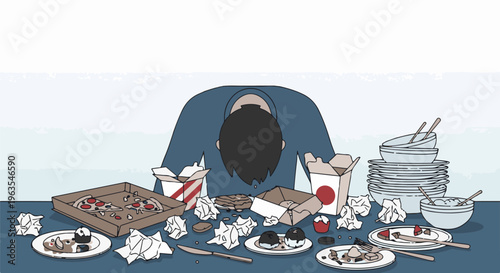 Person hunched over messy table filled with takeout containers, discarded food, and dirty dishes