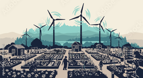 People cultivate garden beds near wind turbines in scenic countryside