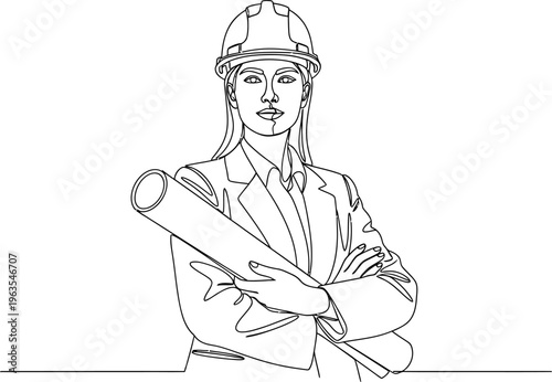 Continuous line drawing of a confident female engineer holding blueprints, wearing a hard hat.