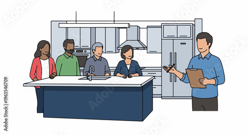People in a modern kitchen discussing plans with a presenter
