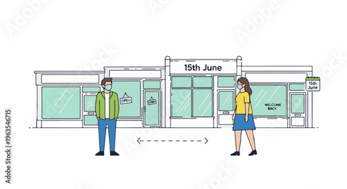 People maintain social distancing outside a shop that reopens on June 15th