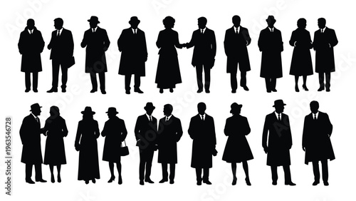 Vintage silhouettes of men and women in formal attire