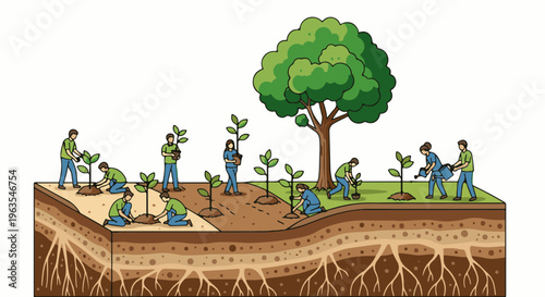 People planting saplings, showing soil layers and extensive roots