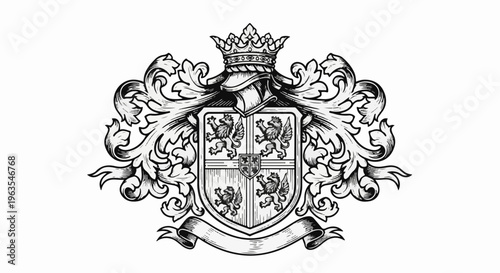 Ornate crest with crown, shield, lions, and banner