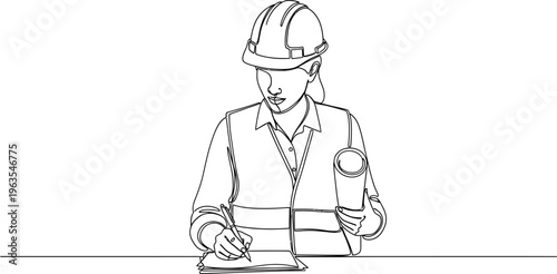 Continuous line drawing of a female engineer wearing hard hat, holding blueprint, and writing