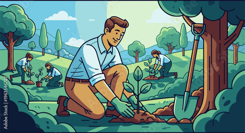 People planting trees and tending to saplings in a lush, sunny landscape