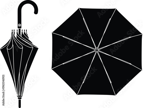Umbrella silhouettes showing open and closed designs, vector illustration of rain protection for weather, travel, fashion, and functional design concepts