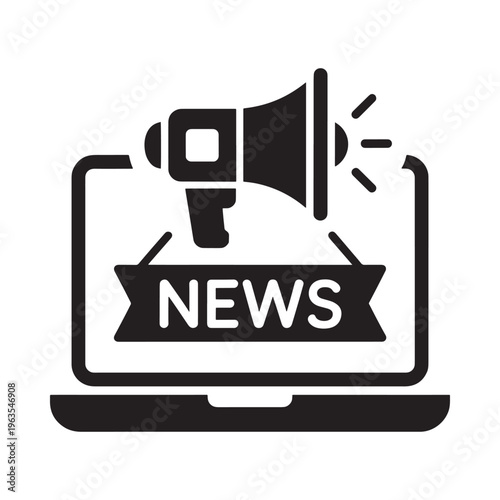 Digital announcement A laptop displays a news bulletin emanating from a megaphone