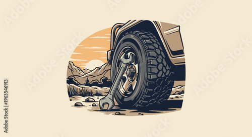 Off-road vehicle tire repair in a desert landscape at sunset
